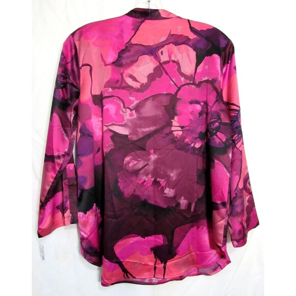Natori Pink Floral Satin Canyon Lotus V Neck Split 3/4 Sleeve Shirt Size XS NWT - Picture 2 of 5